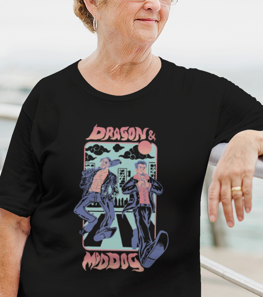 Dragon And Mad Dog Retro Cartoon Nighttime Adventure T-Shirt