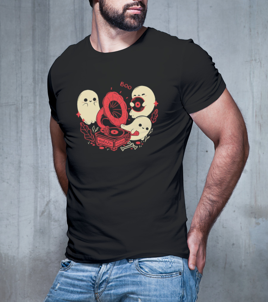 Boo Cute Gramophone Record Spooky Ghosts T-Shirt