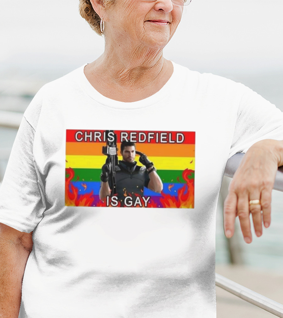 Chris Redfield Is Gay Rainbow Background Flames T-Shirt