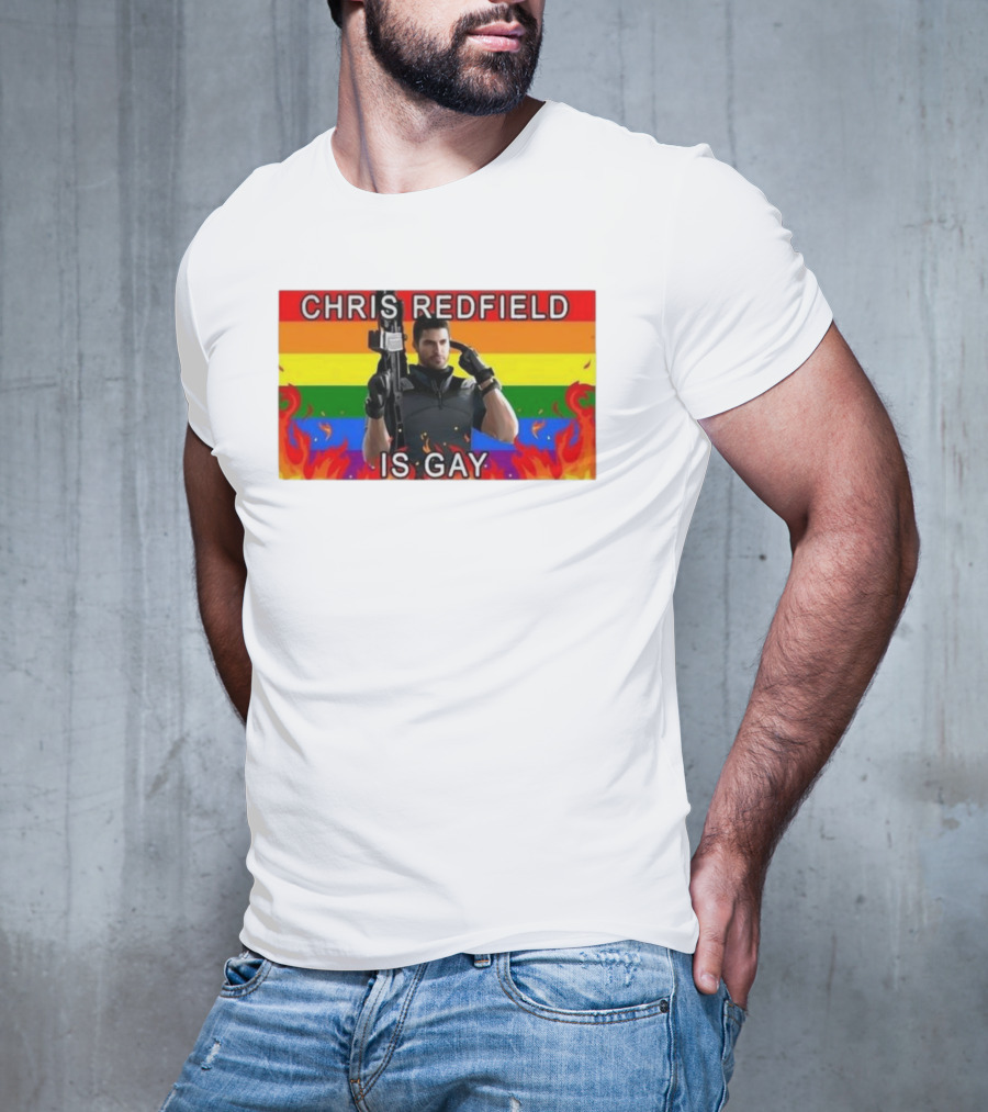 Chris Redfield Is Gay Rainbow Background Flames T-Shirt