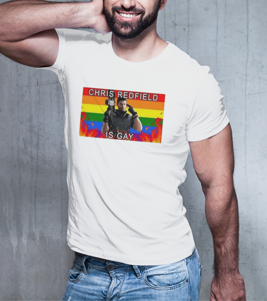 Chris Redfield Is Gay Rainbow Background Flames T-Shirt