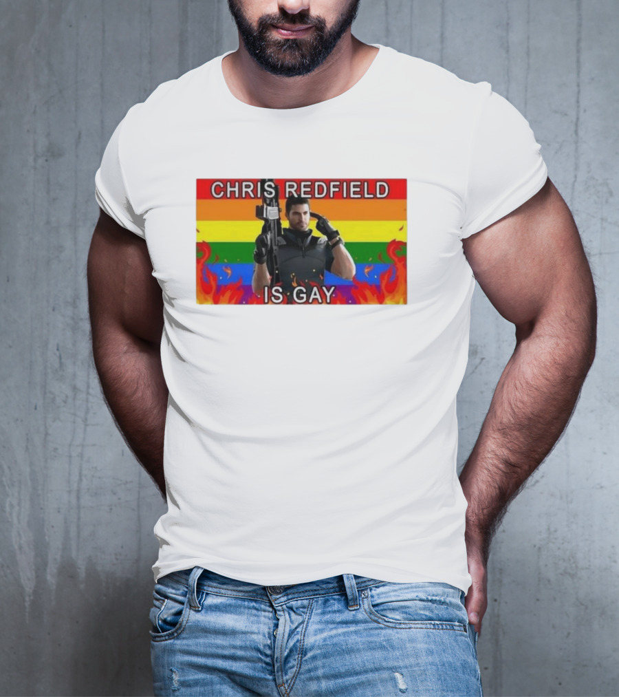 Chris Redfield Is Gay Rainbow Background Flames T-Shirt