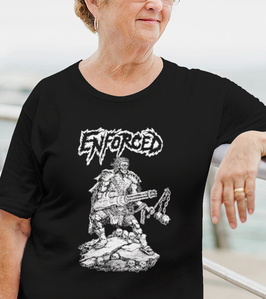 Enforced Sacrament Warrior With Spiked Chains And Machine Gun On Skull Mound T-Shirt