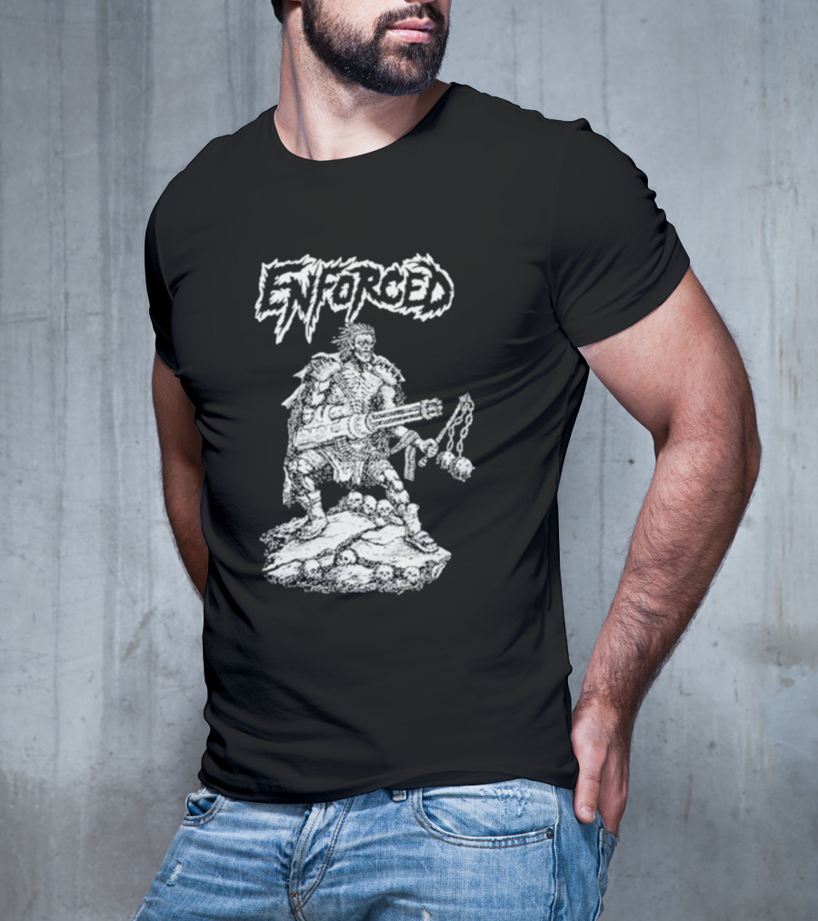 Enforced Sacrament Warrior With Spiked Chains And Machine Gun On Skull Mound T-Shirt