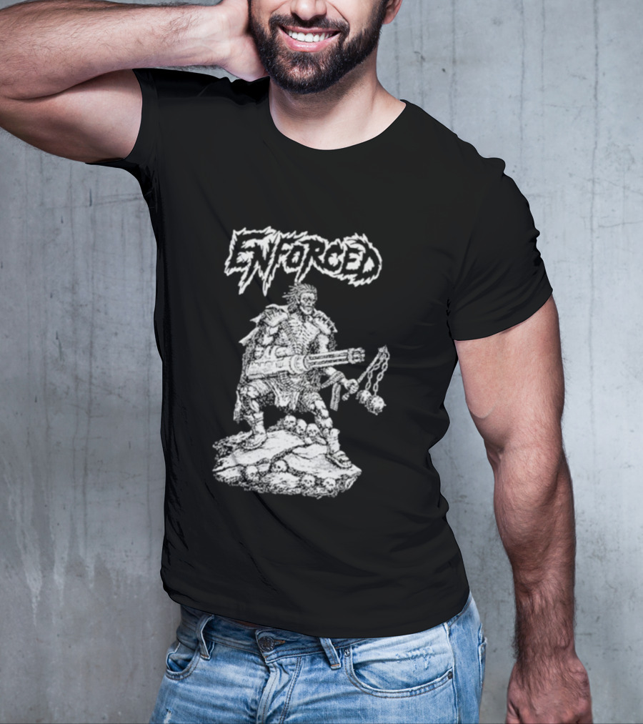 Enforced Sacrament Warrior With Spiked Chains And Machine Gun On Skull Mound T-Shirt