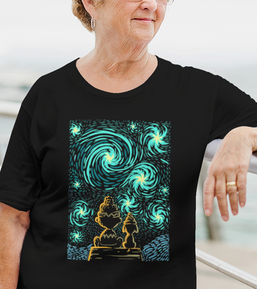 Peanuts Snoopy And Charlie Brown Starry Winter Night Scene T-Shirt