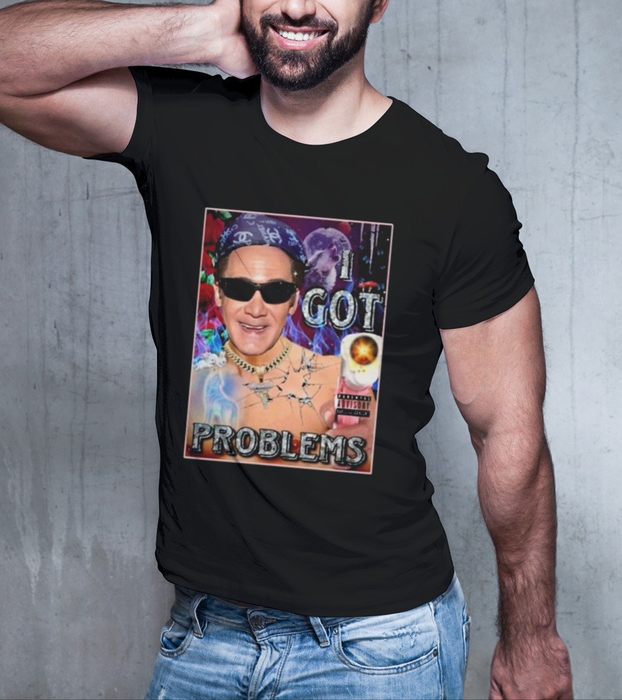 The Jersey Outlaw I Got Problems Colorful Portrait With Sunglasses And Explosive Background T-Shirt