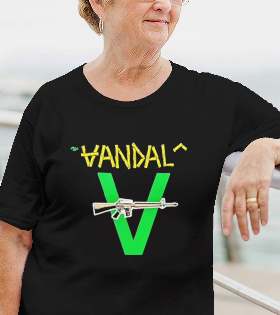 The Vandals Yellow Text Green V Rifle Image T-Shirt