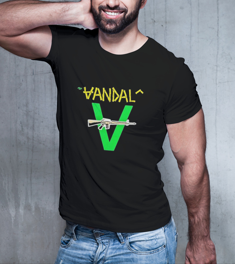 The Vandals Yellow Text Green V Rifle Image T-Shirt