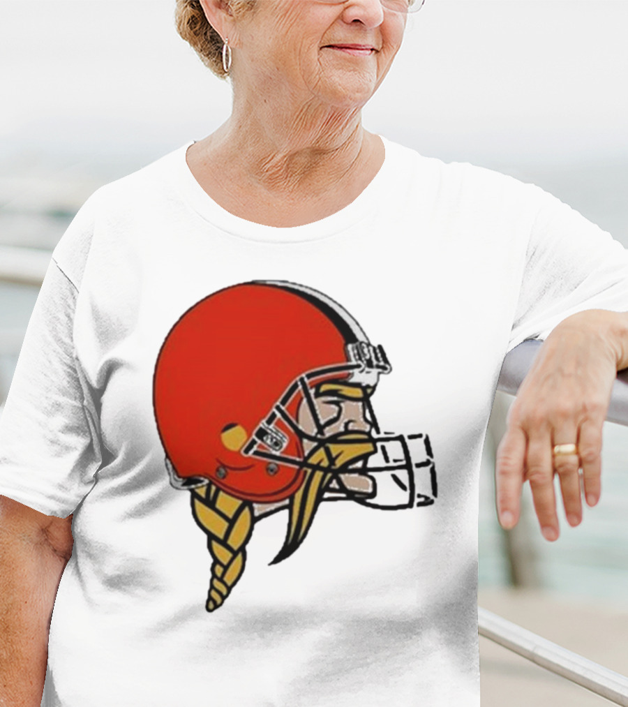 Quality Jay Cuda Browns Vikings Dual Logo Helmet T-Shirt