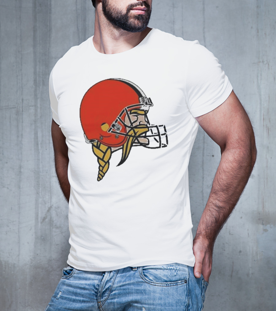 Quality Jay Cuda Browns Vikings Dual Logo Helmet T-Shirt