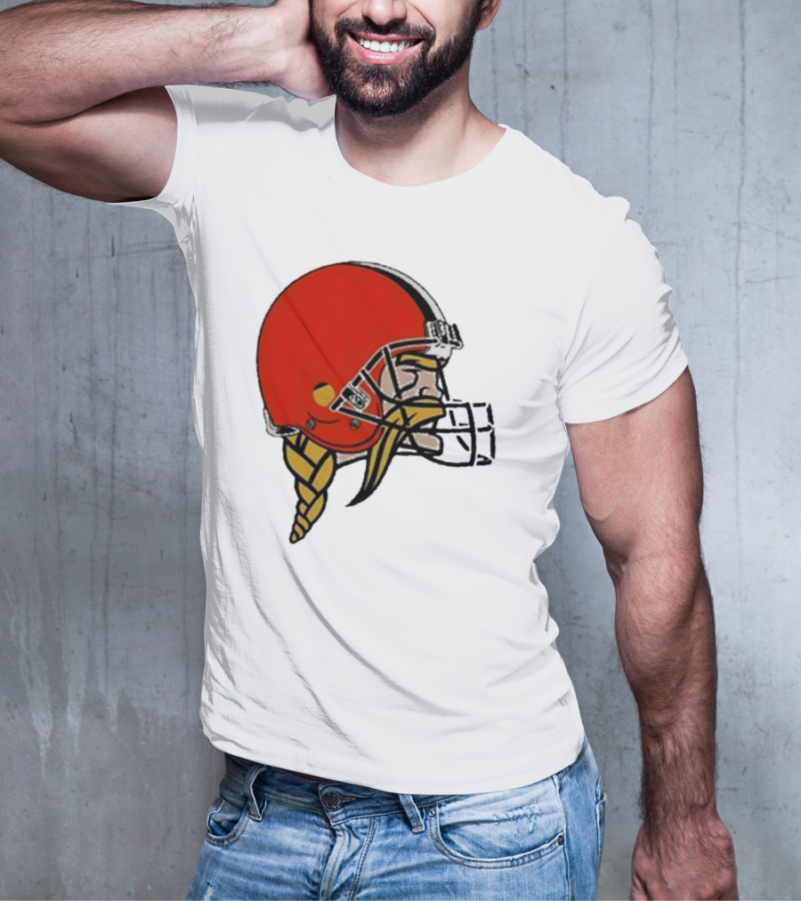 Quality Jay Cuda Browns Vikings Dual Logo Helmet T-Shirt