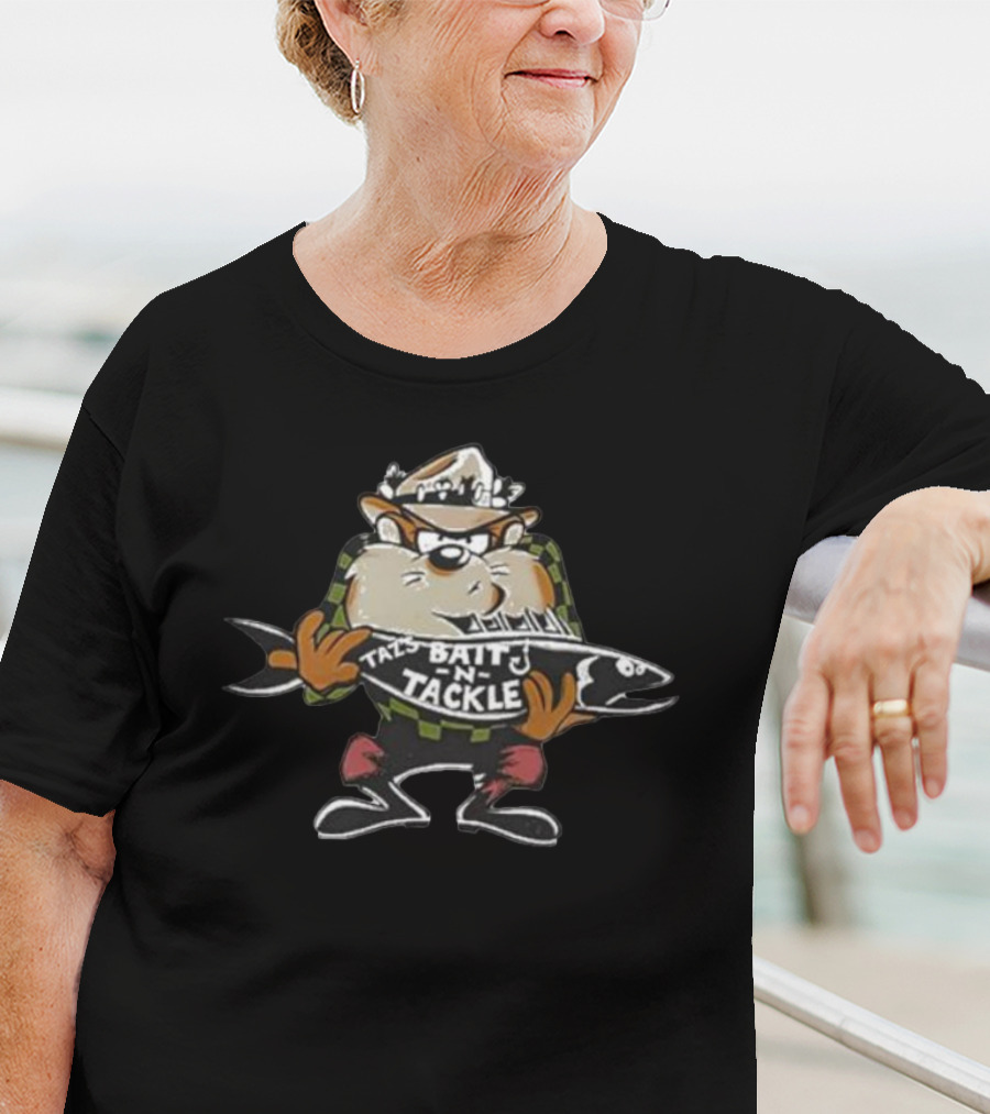 Taz Bait N Tackle Vintage 90s Cartoon Character Holding Fish T-Shirt