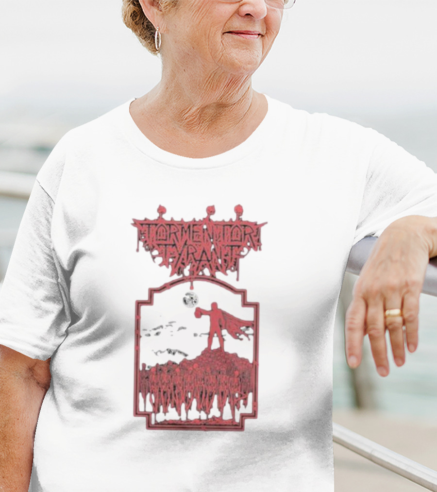 Tormentor Tyrant Red Figure Standing Amidst Crowd Under Moon T-Shirt