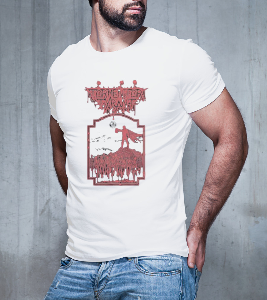 Tormentor Tyrant Red Figure Standing Amidst Crowd Under Moon T-Shirt