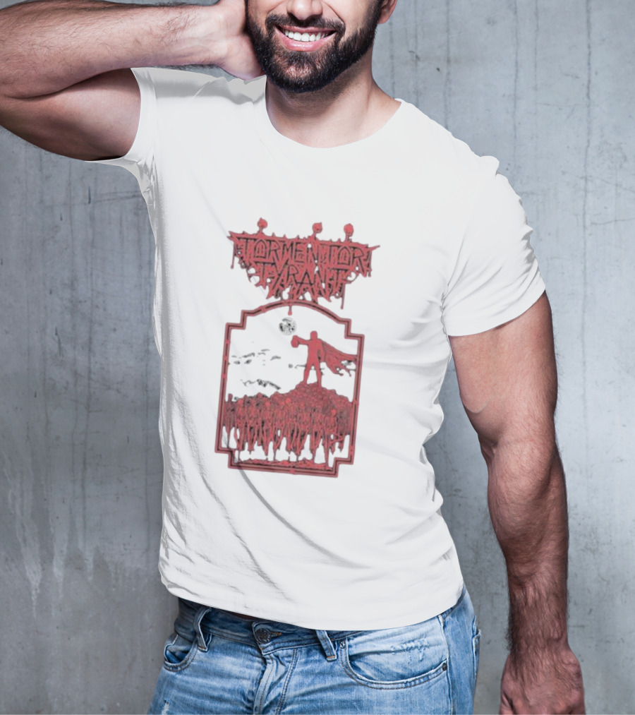 Tormentor Tyrant Red Figure Standing Amidst Crowd Under Moon T-Shirt