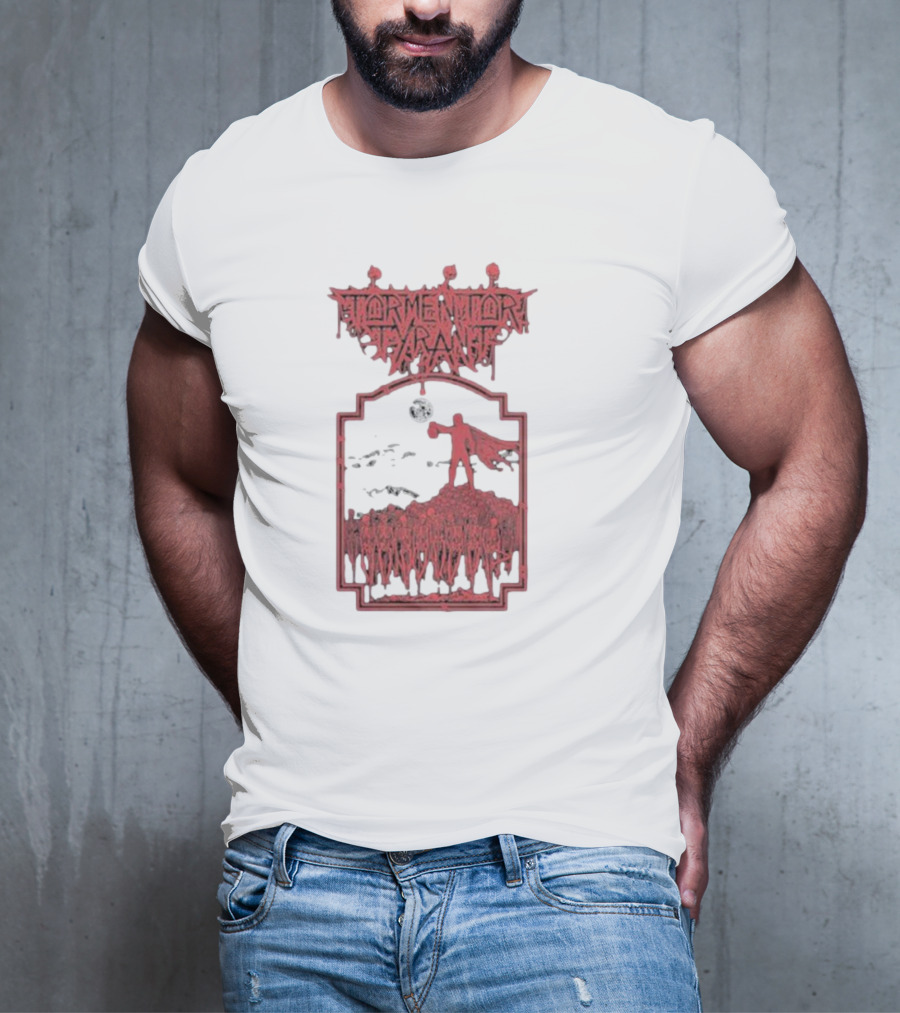 Tormentor Tyrant Red Figure Standing Amidst Crowd Under Moon T-Shirt