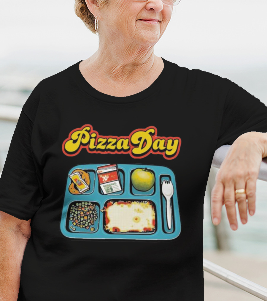 S7s Pizza Day Cafeteria Lunch Tray With Pizza, Milk, Apple, Cookies, Fork, And Vegetables T-Shirt