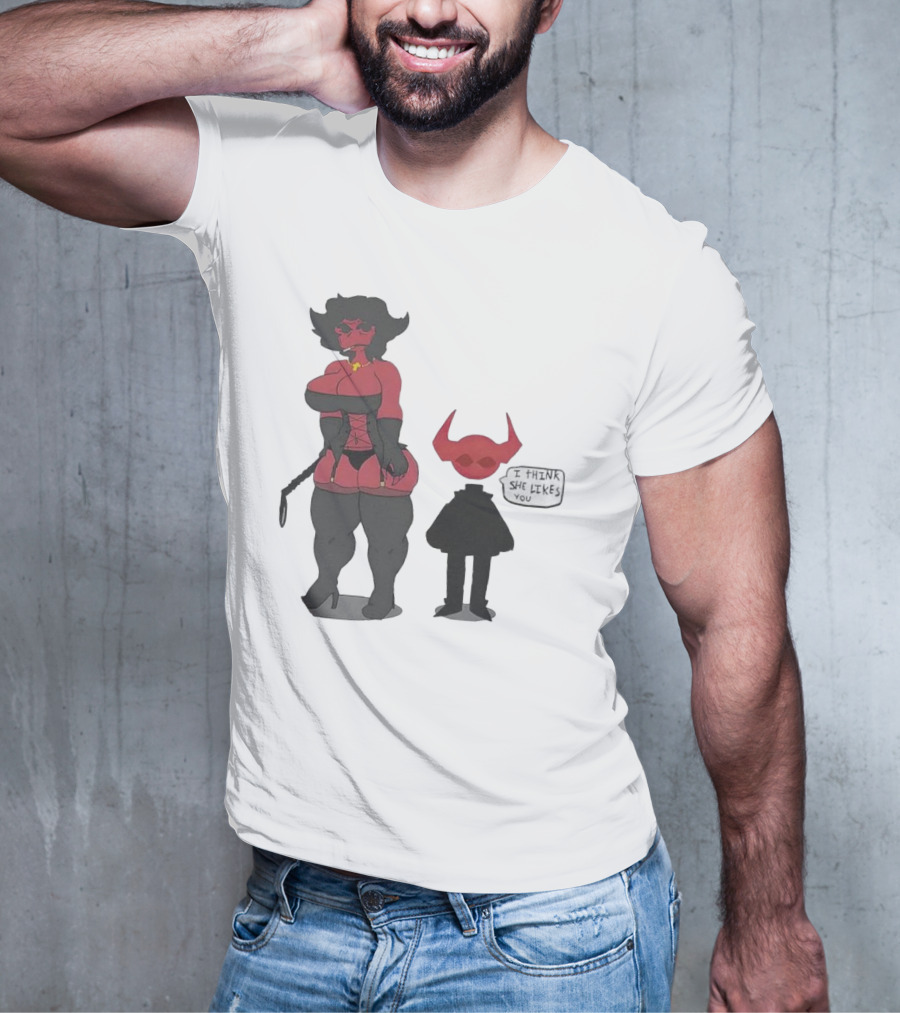 Thewboy I Think She Likes You Dark Humorous Cartoon Characters T-Shirt