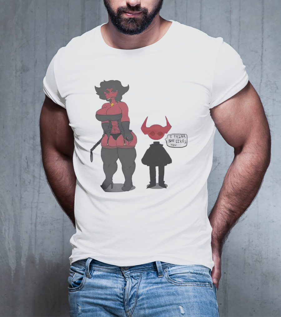 Thewboy I Think She Likes You Dark Humorous Cartoon Characters T-Shirt