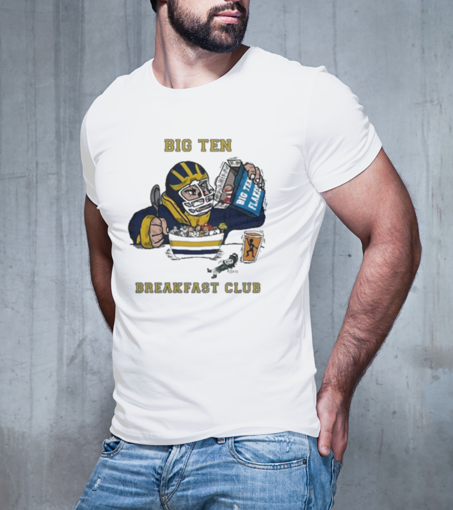 Big Ten Breakfast Club Michigan Wolverines Player Eating Cereal With Blue Box And Orange Cup T-Shirt