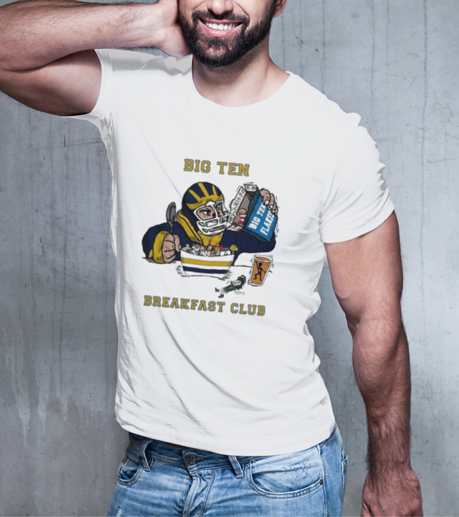 Big Ten Breakfast Club Michigan Wolverines Player Eating Cereal With Blue Box And Orange Cup T-Shirt