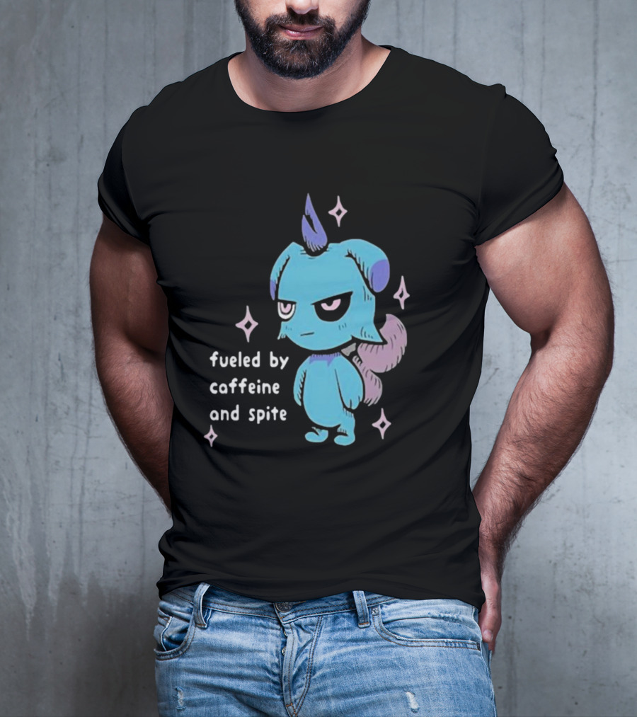 Palworld Fueled By Caffeine And Spite Blue Creature With Pink Stars T-Shirt