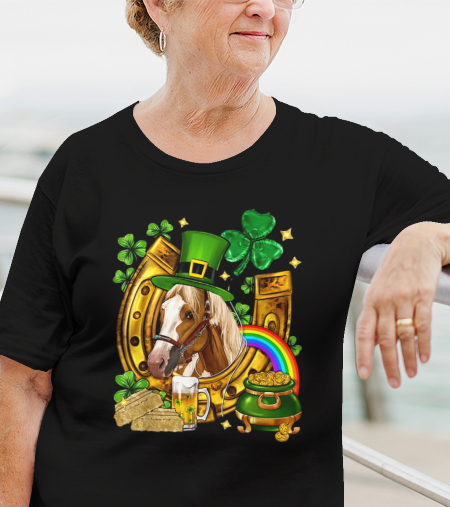 Horse Luck Gold Leprechaun Hat Shamrock Horseshoe Pot Of Gold Rainbow T-Shirt