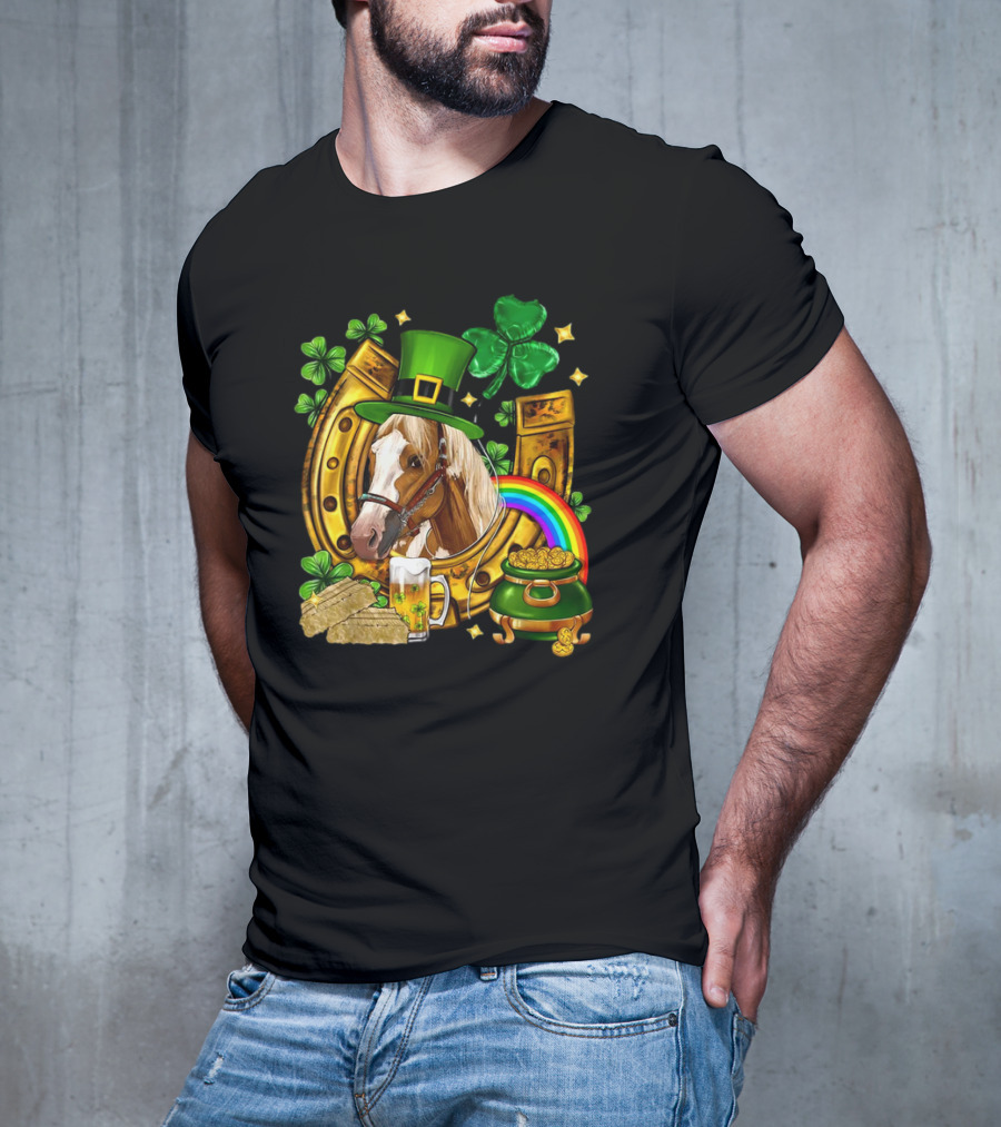 Horse Luck Gold Leprechaun Hat Shamrock Horseshoe Pot Of Gold Rainbow T-Shirt