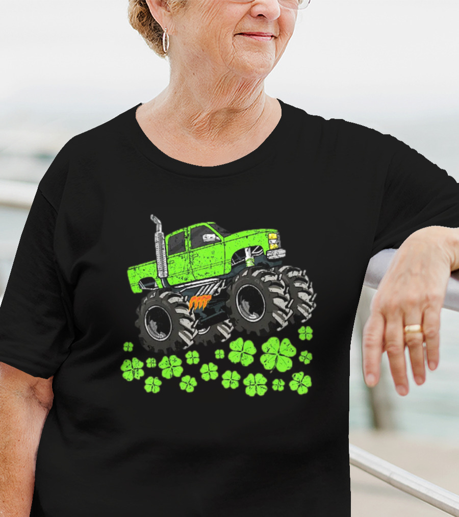Kids Boys St Patricks Day Toddler Lucky Green Monster Truck With Shamrocks T-Shirt