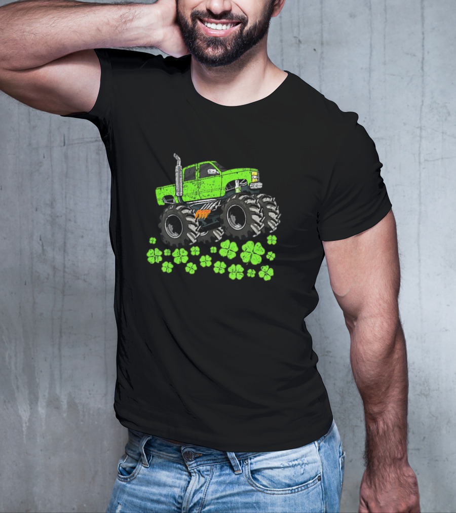 Kids Boys St Patricks Day Toddler Lucky Green Monster Truck With Shamrocks T-Shirt