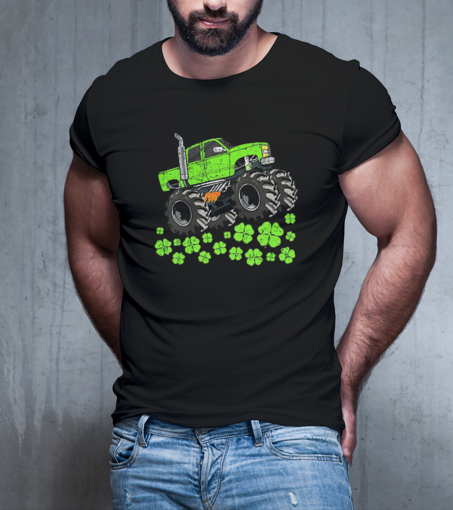 Kids Boys St Patricks Day Toddler Lucky Green Monster Truck With Shamrocks T-Shirt