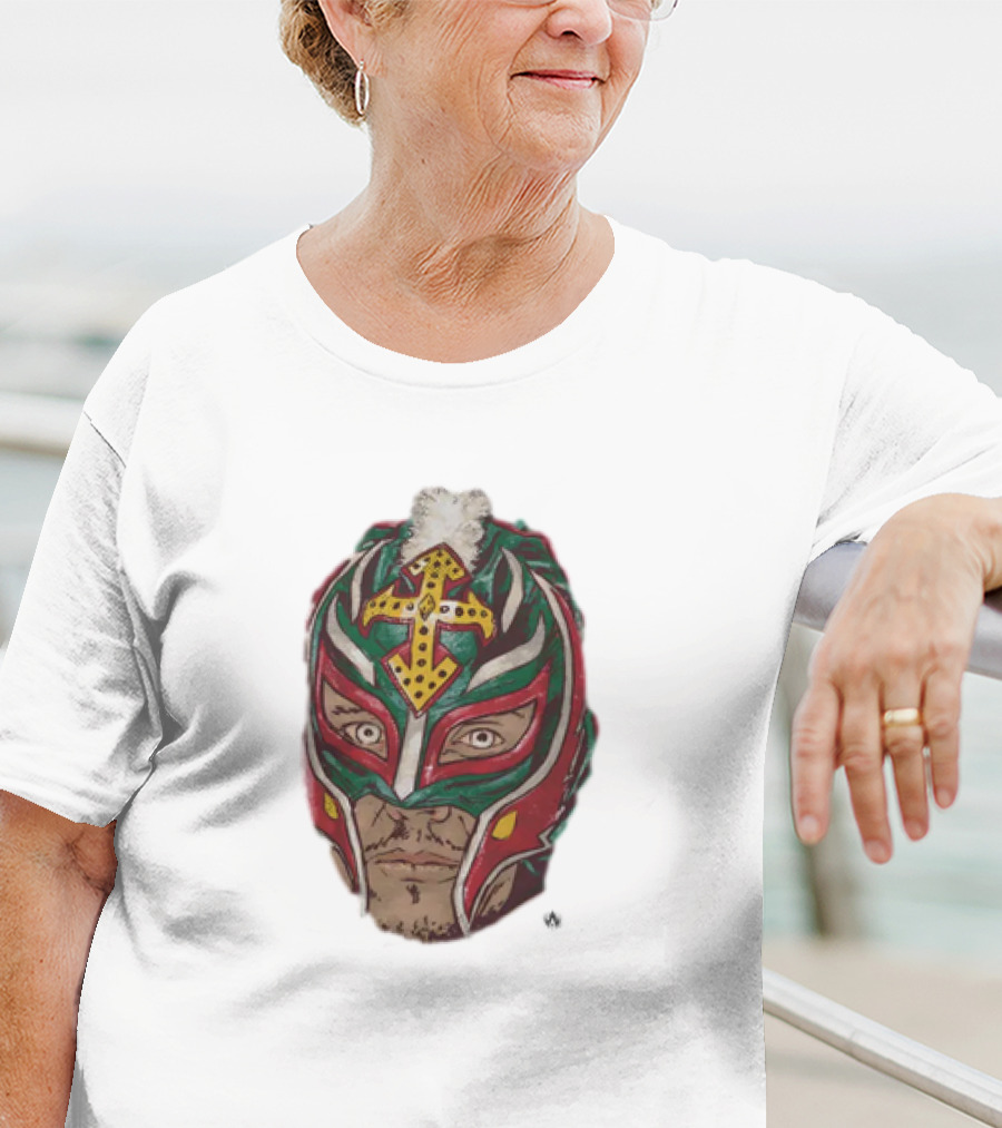 Men's Black Rey Mysterio Mask Face With Colorful Wrestling Headdress And Cross T-Shirt