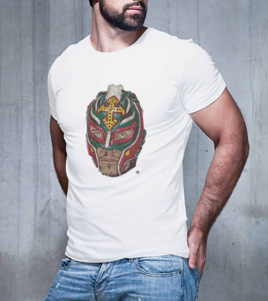 Men's Black Rey Mysterio Mask Face With Colorful Wrestling Headdress And Cross T-Shirt