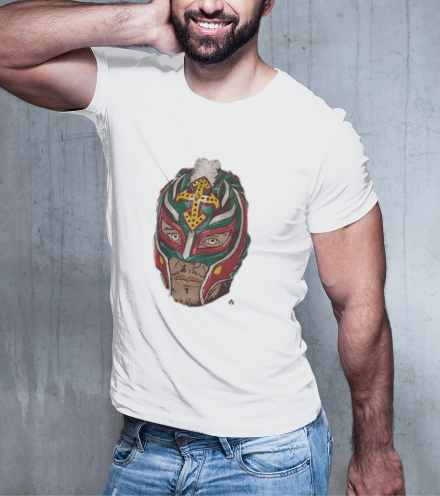 Men's Black Rey Mysterio Mask Face With Colorful Wrestling Headdress And Cross T-Shirt