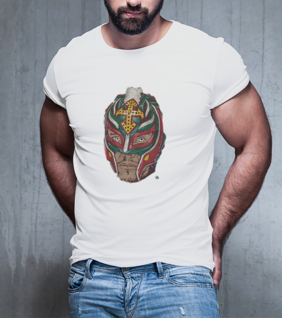 Men's Black Rey Mysterio Mask Face With Colorful Wrestling Headdress And Cross T-Shirt