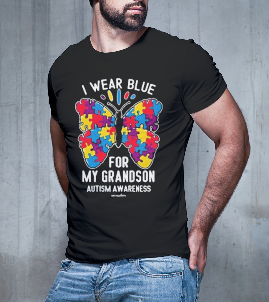 I Wear Blue Butterfly Puzzle My Grandson Autism Awareness T-Shirt