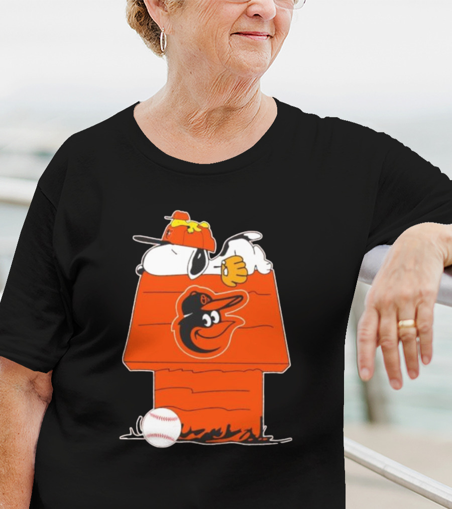 Snoopy And Woodstock Sleeping On Baltimore Orioles Themed Doghouse With Baseball T-Shirt
