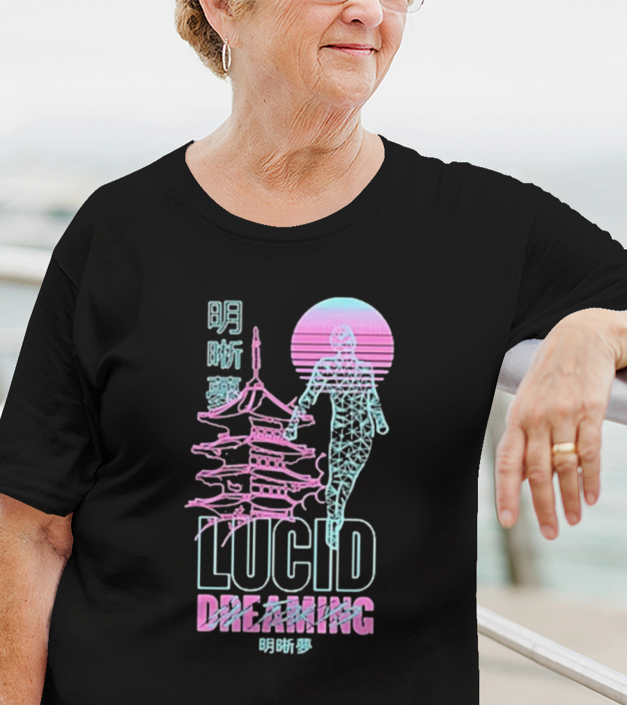 Lucid Dreaming Tokyo Japan Neon Pagoda And Wireframe Figure T-Shirt