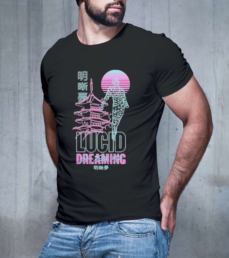 Lucid Dreaming Tokyo Japan Neon Pagoda And Wireframe Figure T-Shirt