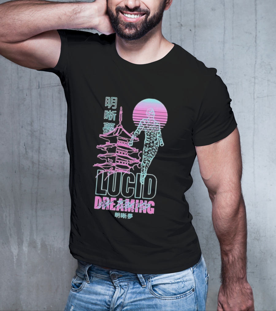 Lucid Dreaming Tokyo Japan Neon Pagoda And Wireframe Figure T-Shirt