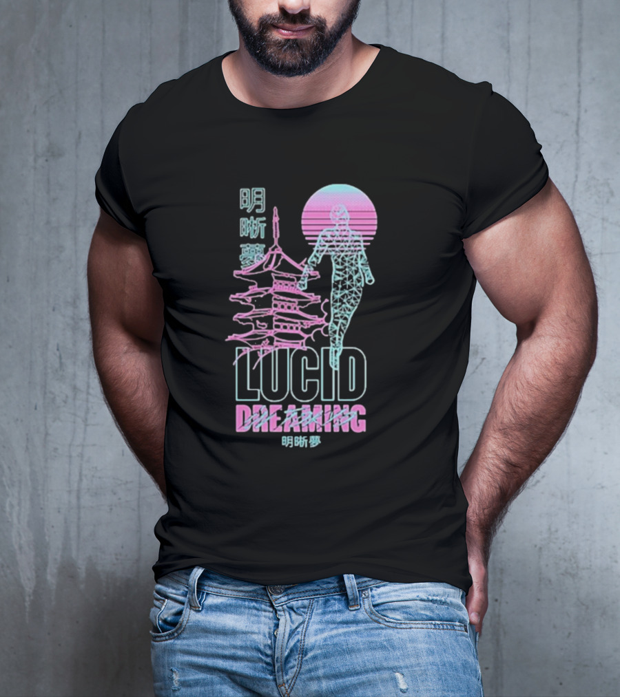 Lucid Dreaming Tokyo Japan Neon Pagoda And Wireframe Figure T-Shirt