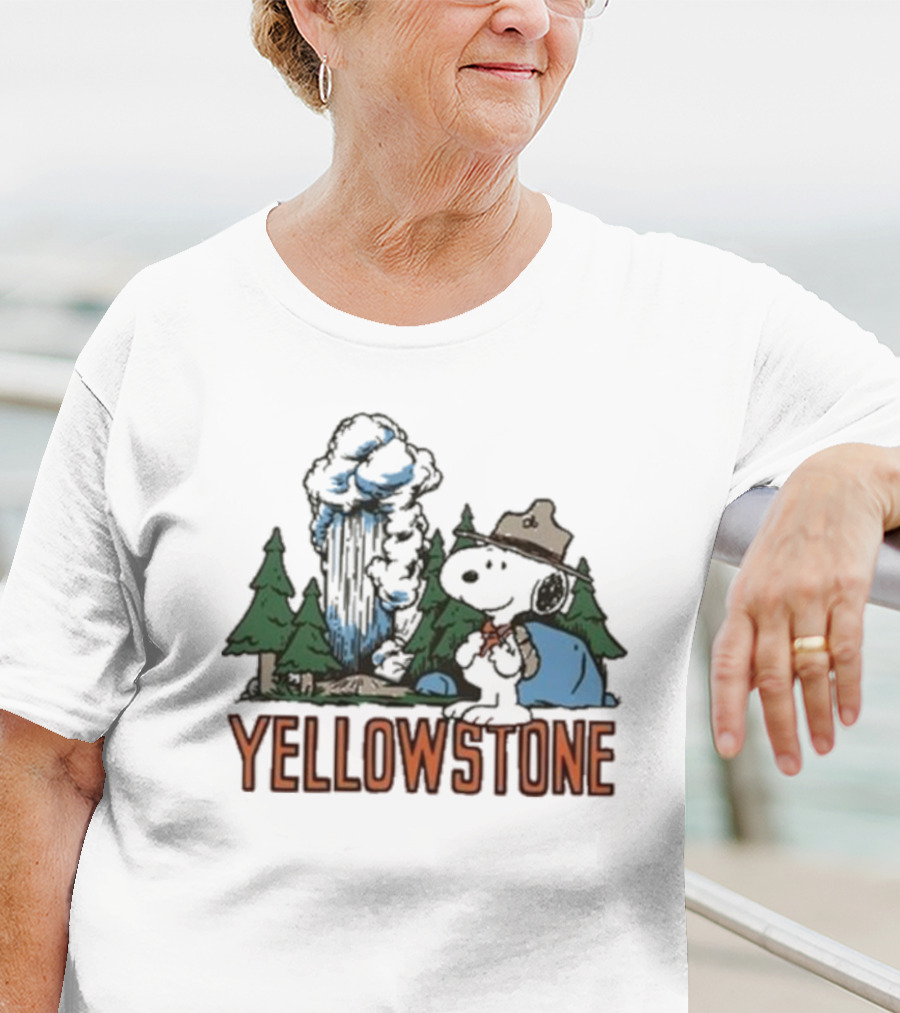 Peanuts Snoopy Yellowstone Camping Scene With Geyser And Forest T-Shirt