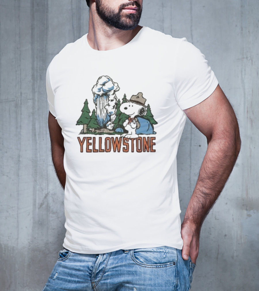 Peanuts Snoopy Yellowstone Camping Scene With Geyser And Forest T-Shirt