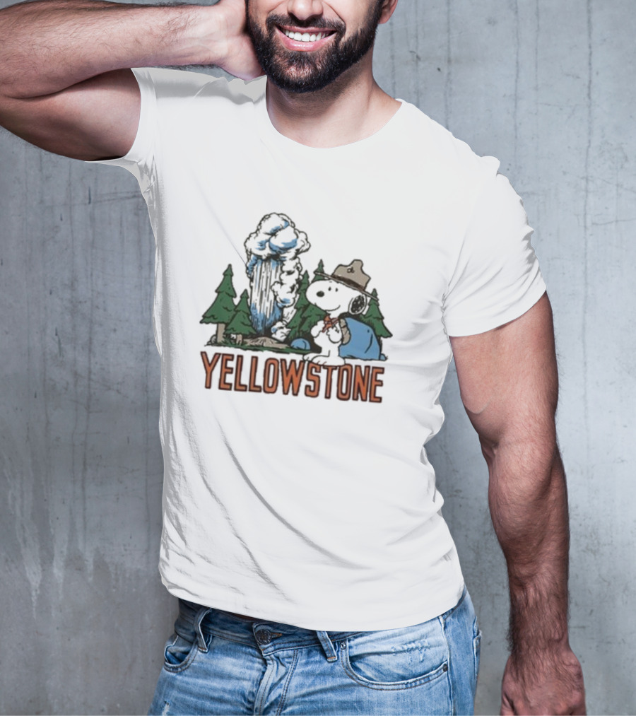 Peanuts Snoopy Yellowstone Camping Scene With Geyser And Forest T-Shirt