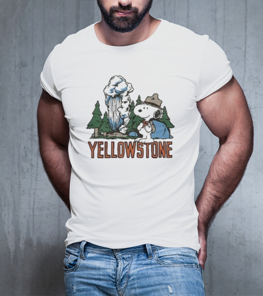 Peanuts Snoopy Yellowstone Camping Scene With Geyser And Forest T-Shirt