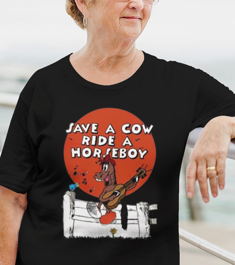 Save A Cow Ride A Horseboy Cartoon Horse Playing Guitar T-Shirt