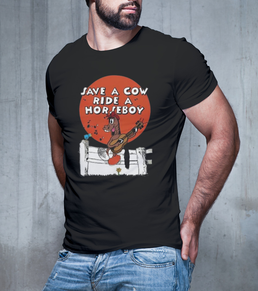 Save A Cow Ride A Horseboy Cartoon Horse Playing Guitar T-Shirt