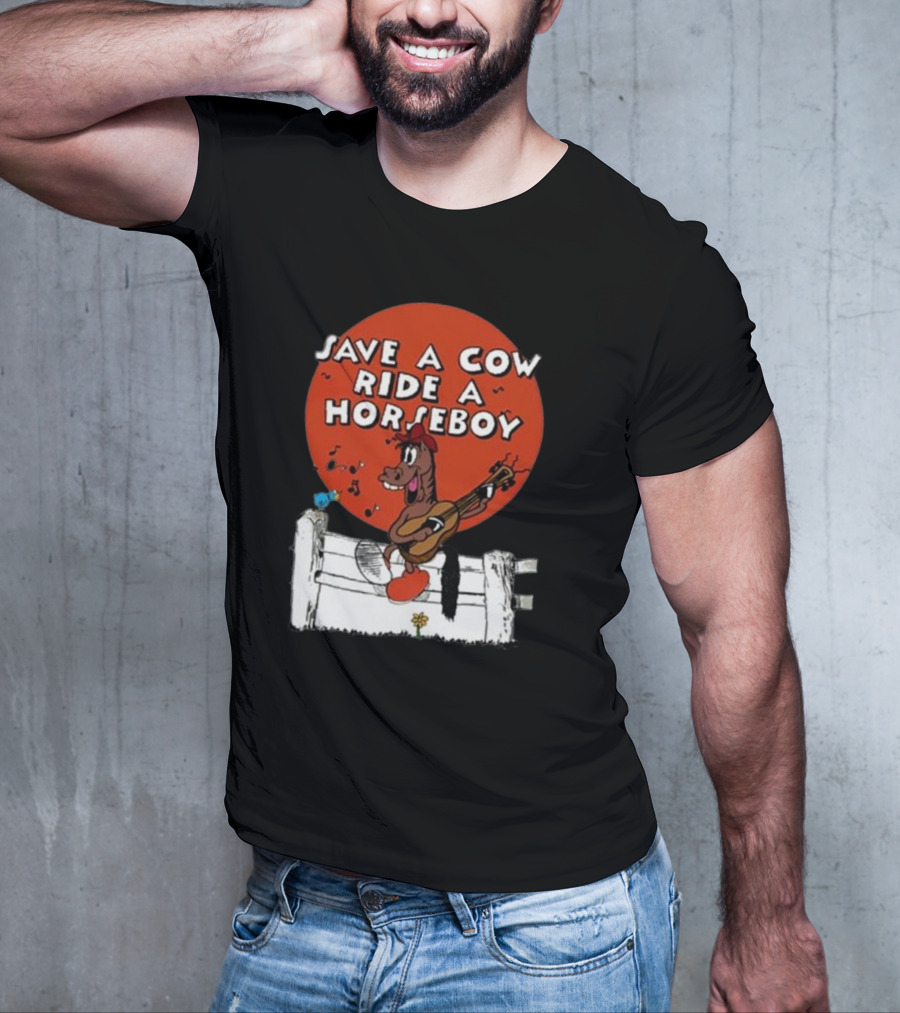 Save A Cow Ride A Horseboy Cartoon Horse Playing Guitar T-Shirt