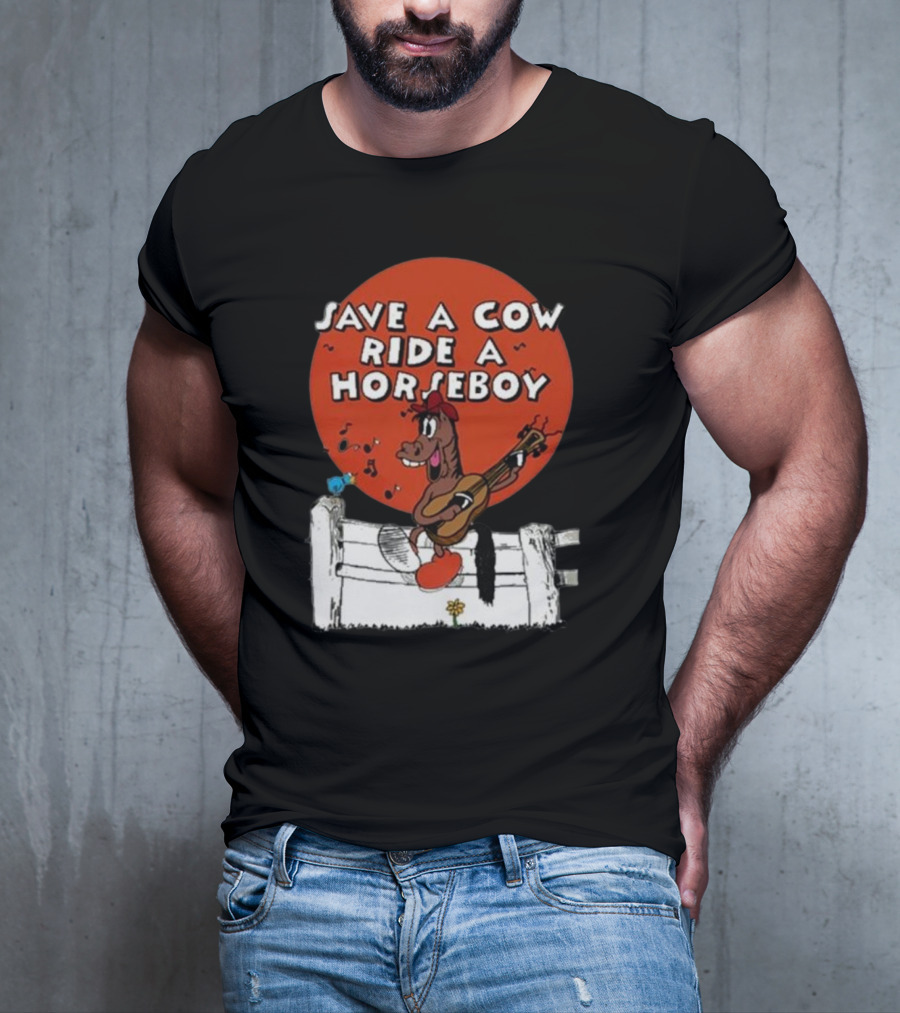 Save A Cow Ride A Horseboy Cartoon Horse Playing Guitar T-Shirt